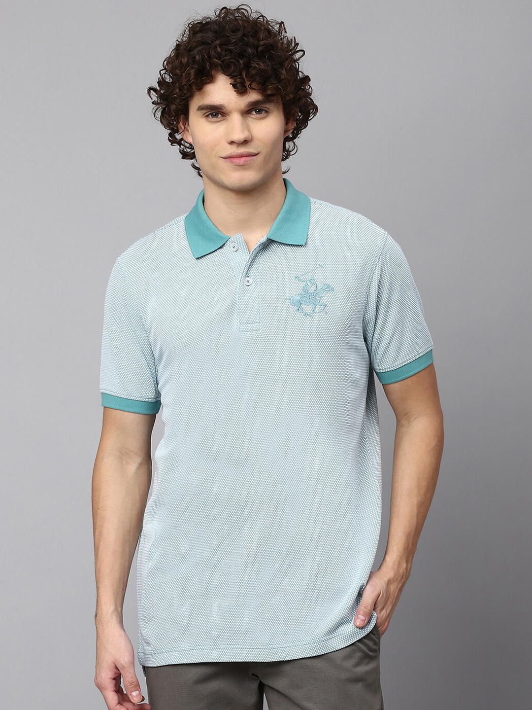 

Beverly Hills Polo Club Self Design Polo Collar Pure Cotton Slim Fit T-shirt, Sea green