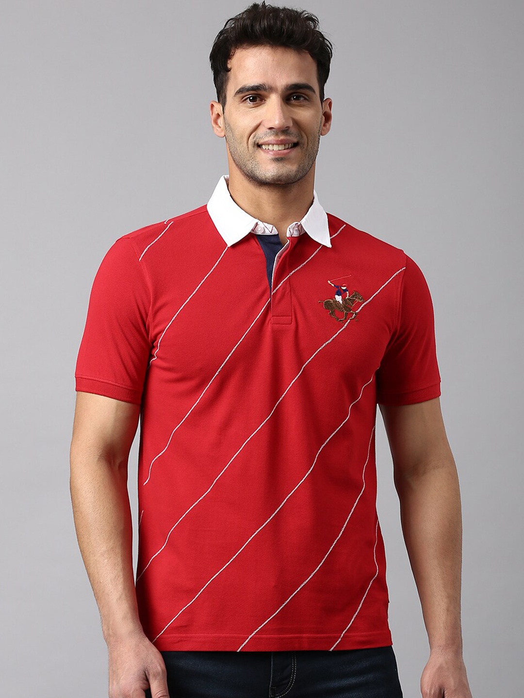 

Beverly Hills Polo Club Striped Polo Collar Cotton T-shirt, Red