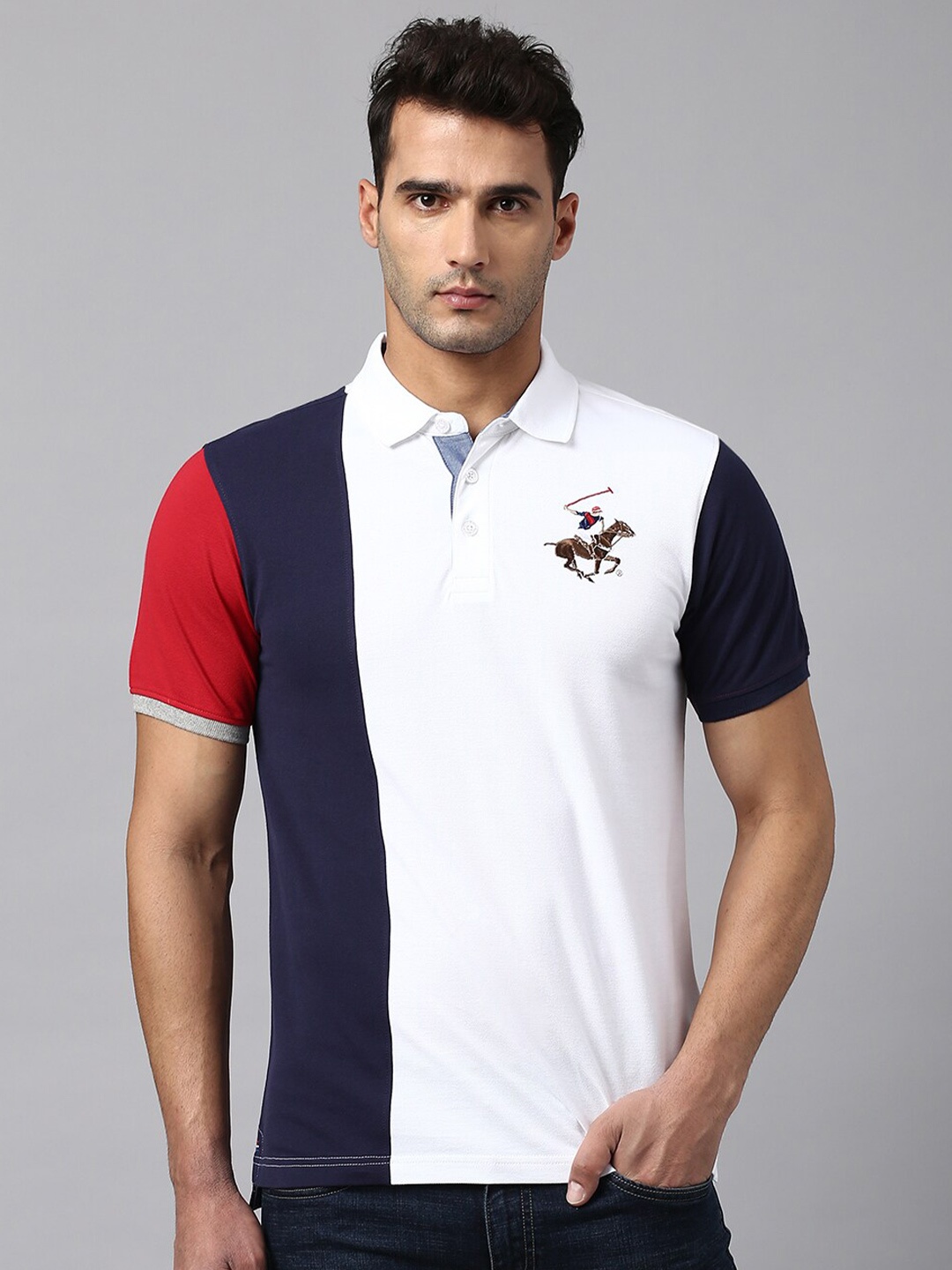

Beverly Hills Polo Club Colourblocked Polo Collar Pure Cotton T-shirt, White