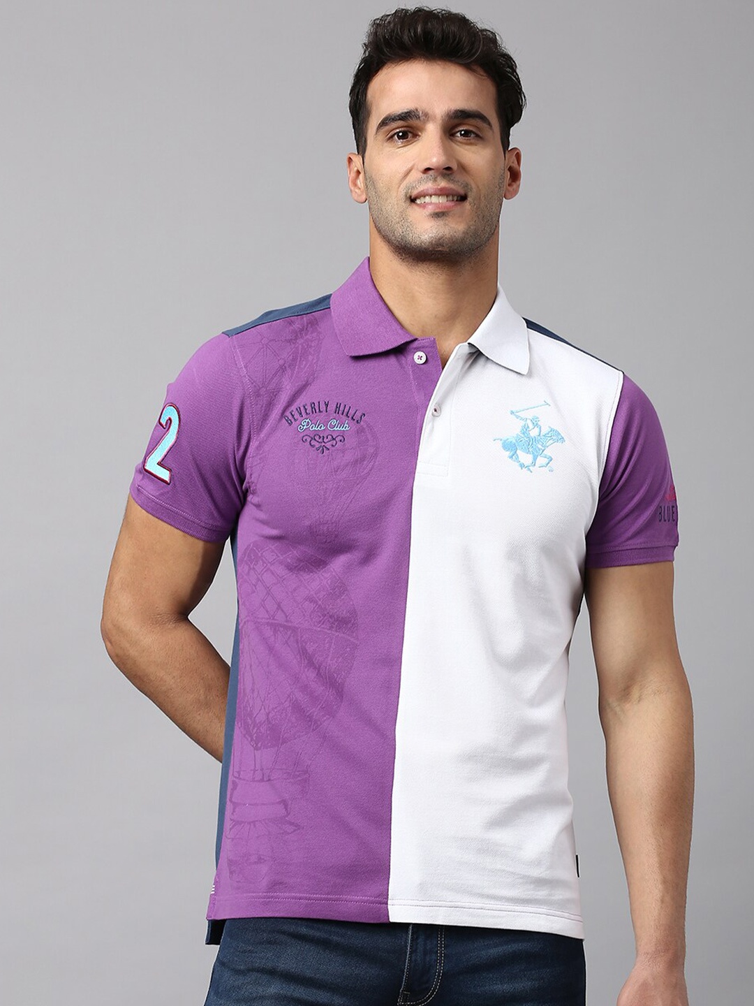 

Beverly Hills Polo Club Colourblocked Polo Collar Pure Cotton Slim Fit T-shirt, Purple