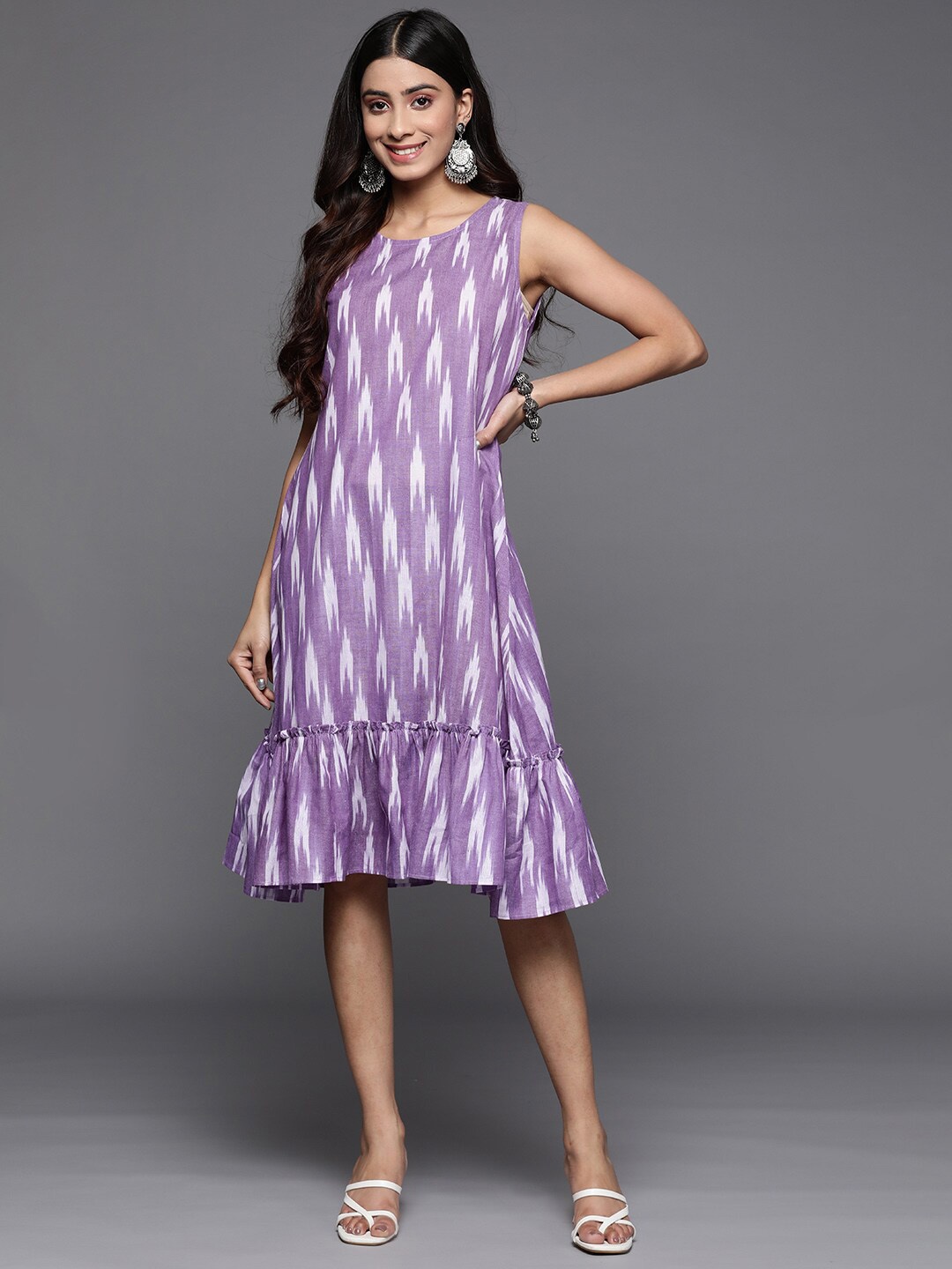 

Varanga Ikat Printed Cotton A-Line Dress, Purple