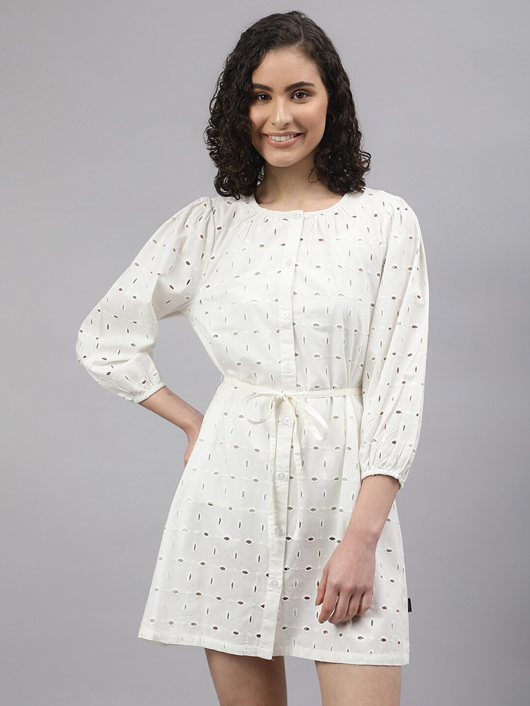 

Beverly Hills Polo Club Eyelet Pure Cotton A-Line Dress, Off white