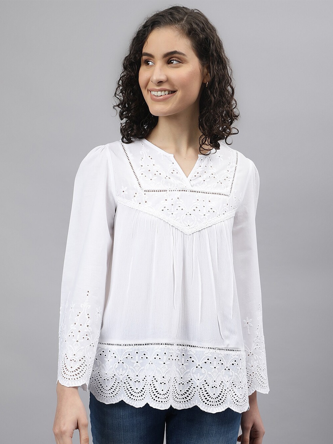 

Beverly Hills Polo Club Ethnic Motif Embroidered Schiffli Pure Cotton Top, White