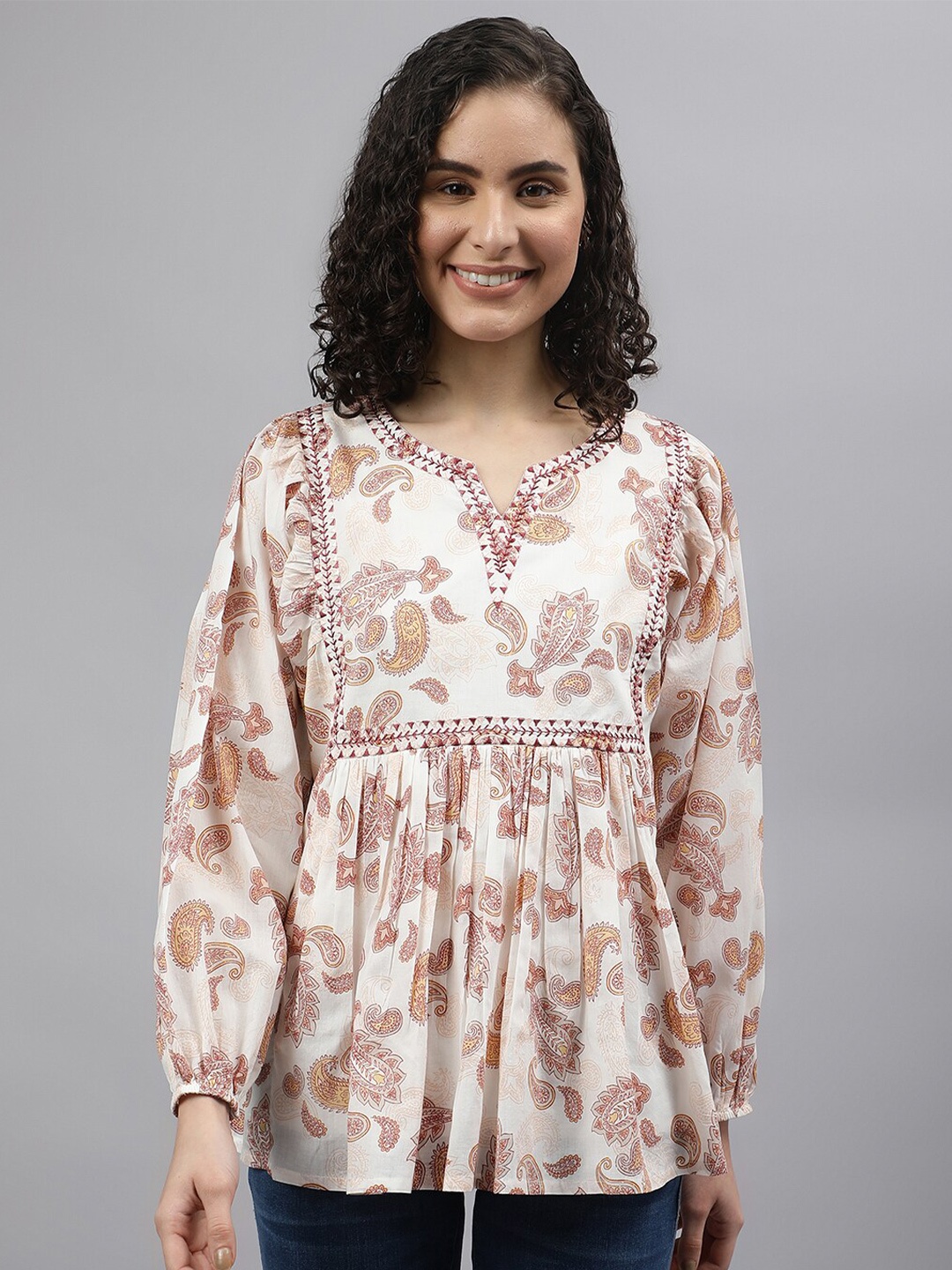 

Beverly Hills Polo Club Floral Printed Pure Cotton Empire Top, Beige