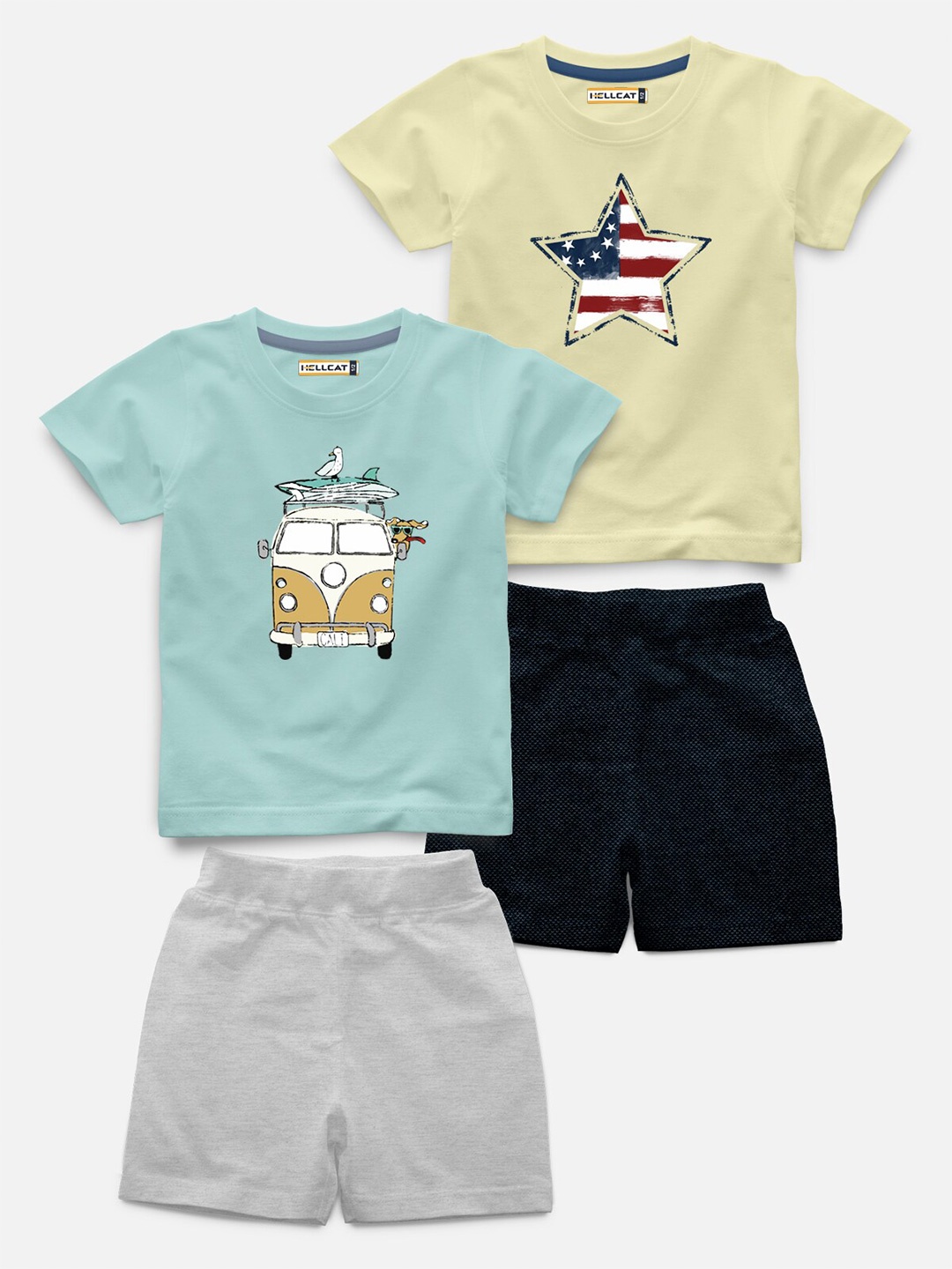 

HELLCAT Kids Pack Of 4 Printed Short Sleeves T-shirt With Shorts, Yellow