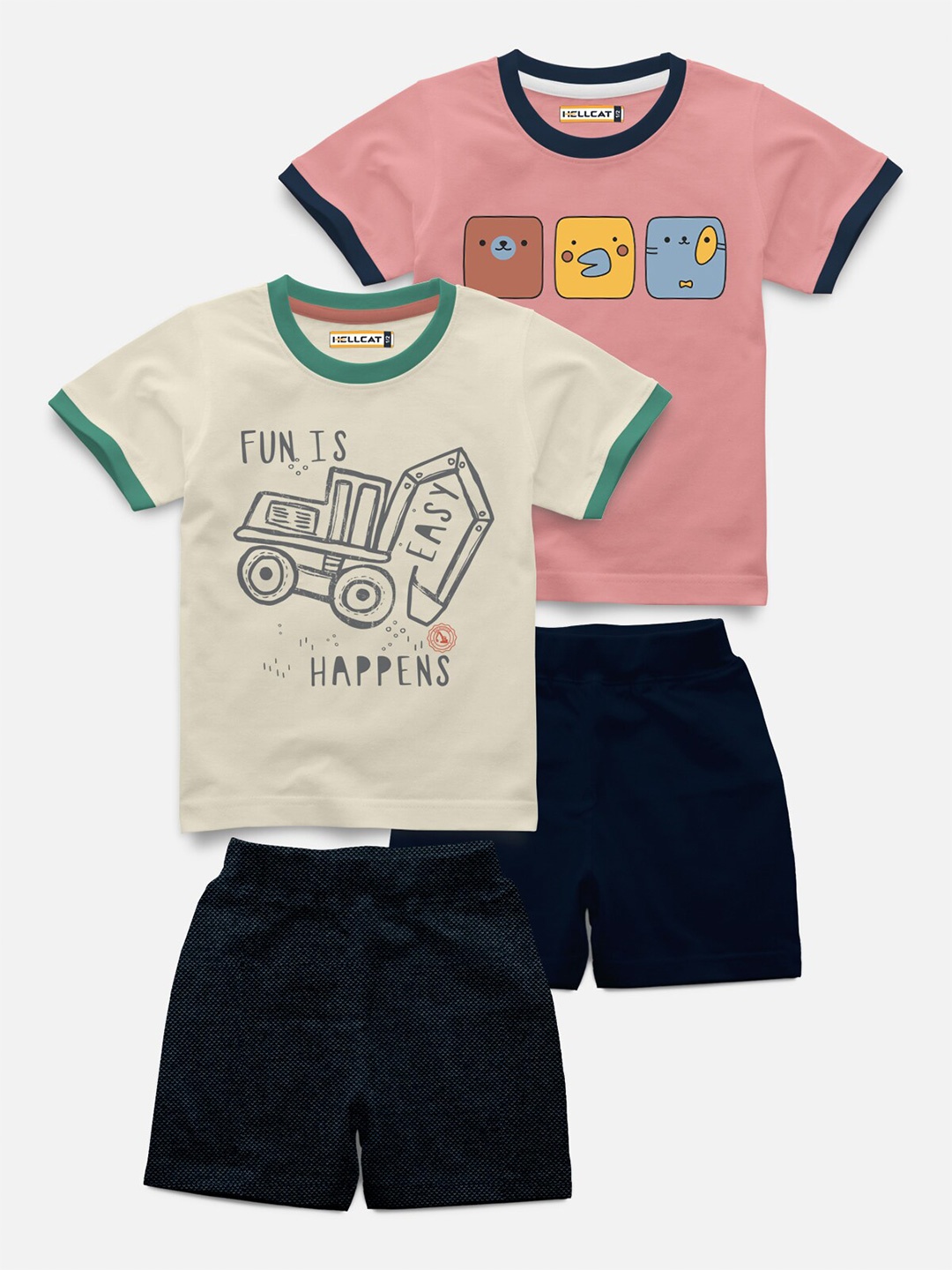 

HELLCAT Kids Pack Of 4 Printed Short Sleeves T-shirt With Shorts, Beige