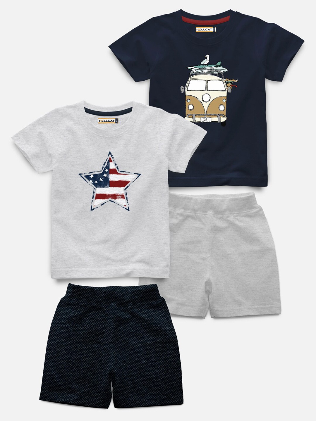 

HELLCAT Kids Pack Of 2 Printed T-shirt with Shorts, Navy blue