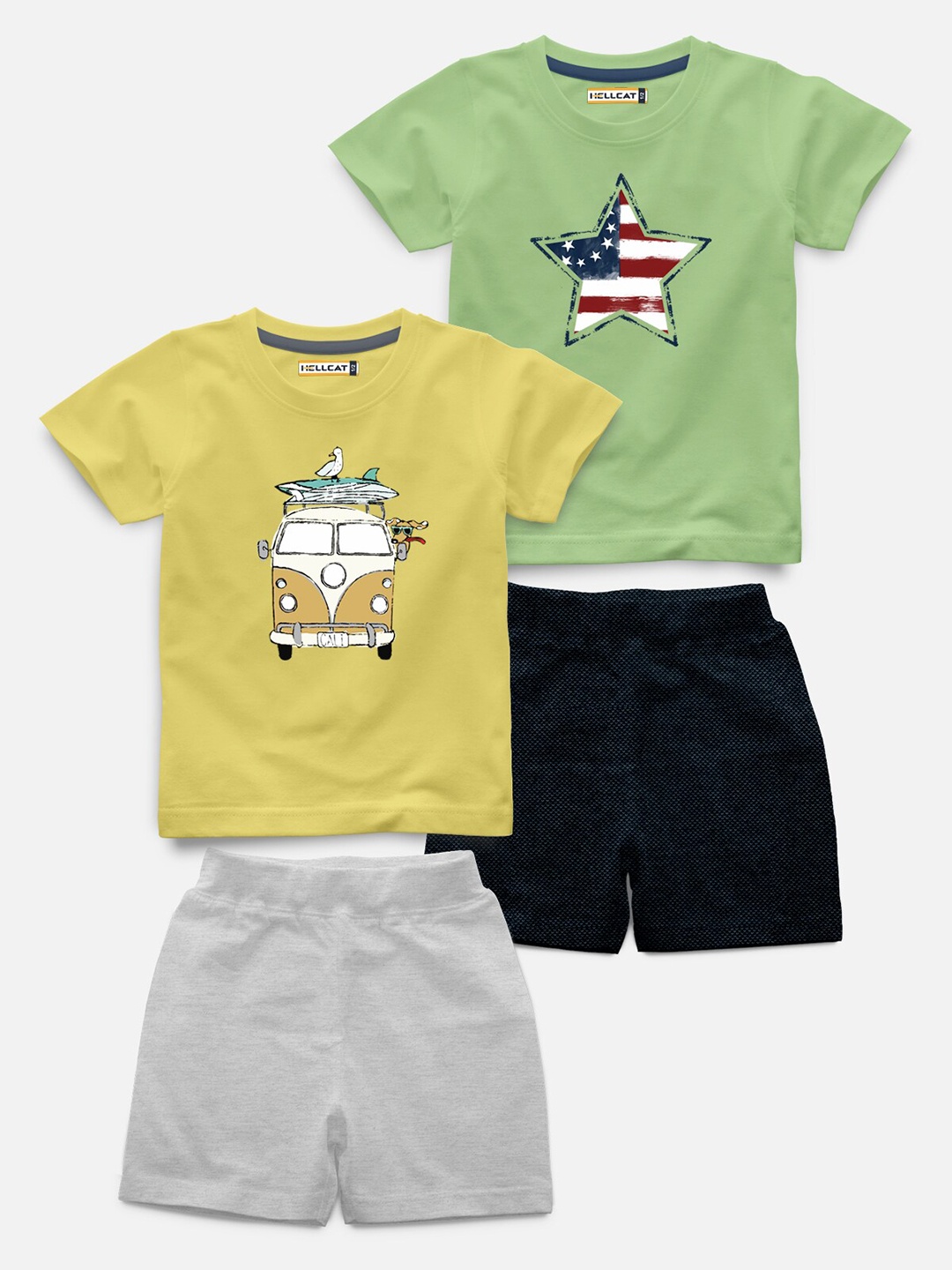 

HELLCAT Kids Pack Of 2 Printed T-shirt with Shorts, Green