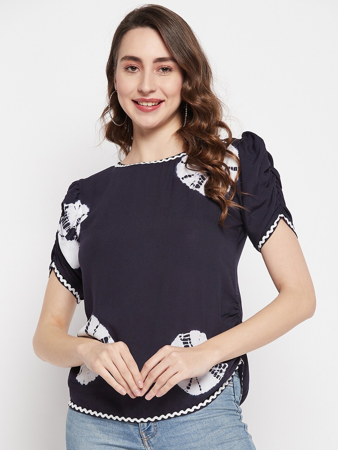 

Ruhaans Gathered Sleeves Curved Hem Tie and Dye Top, Navy blue