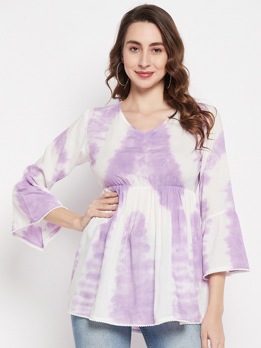 

Ruhaans Bell Sleeves Gathered V-Neck Tie & Dye A-line Top, Purple