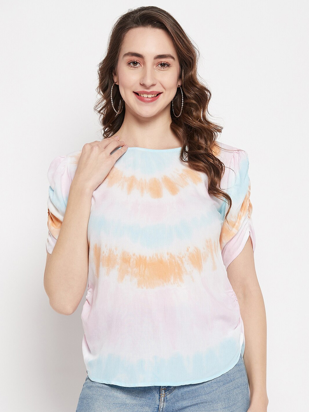 

Ruhaans Gathered Sleeves Curved Hem Tie and Dye Top, Sea green