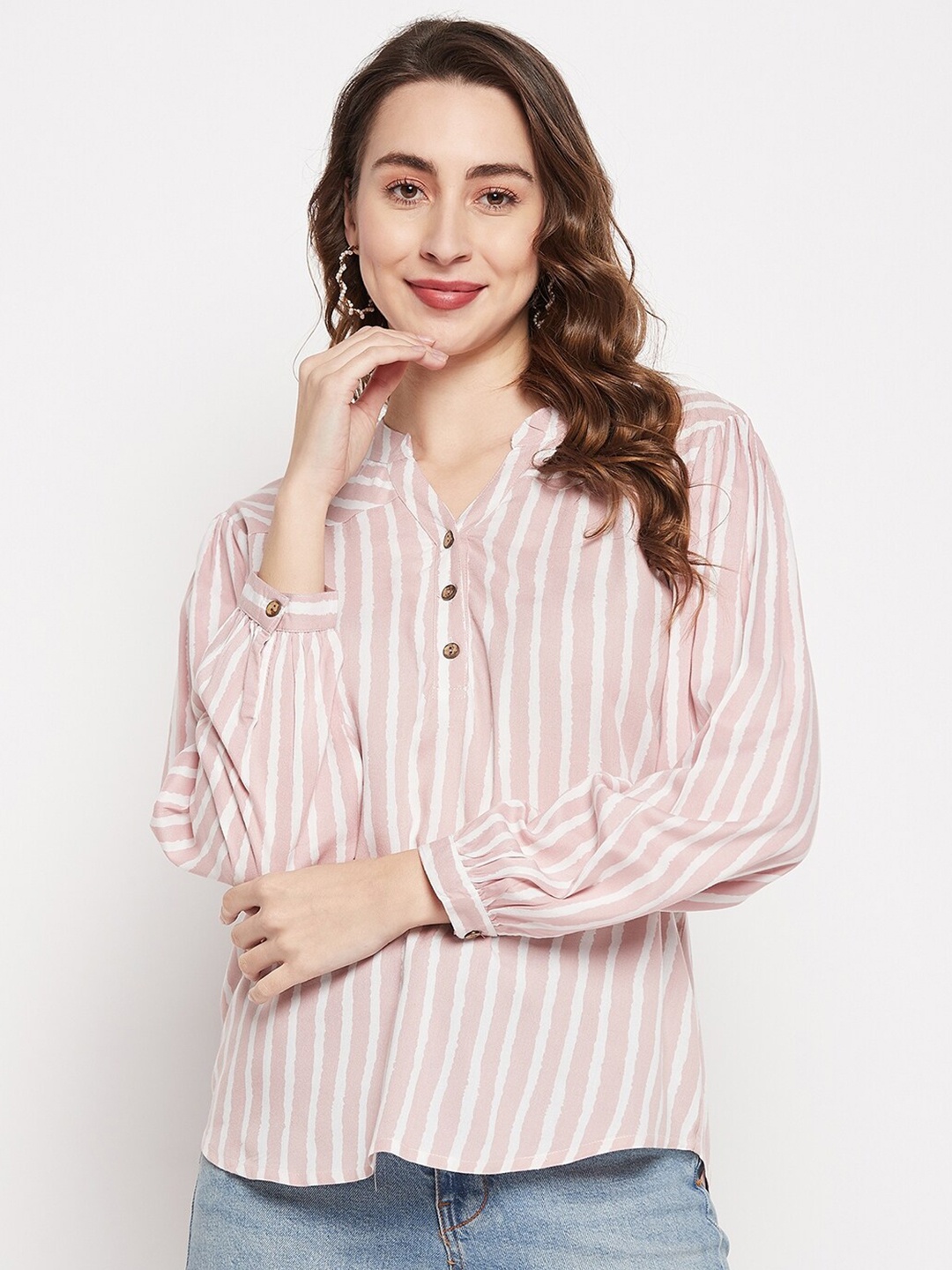 

Ruhaans uffed Sleeves Curved Hem Mandarin Collar Striped Top, White