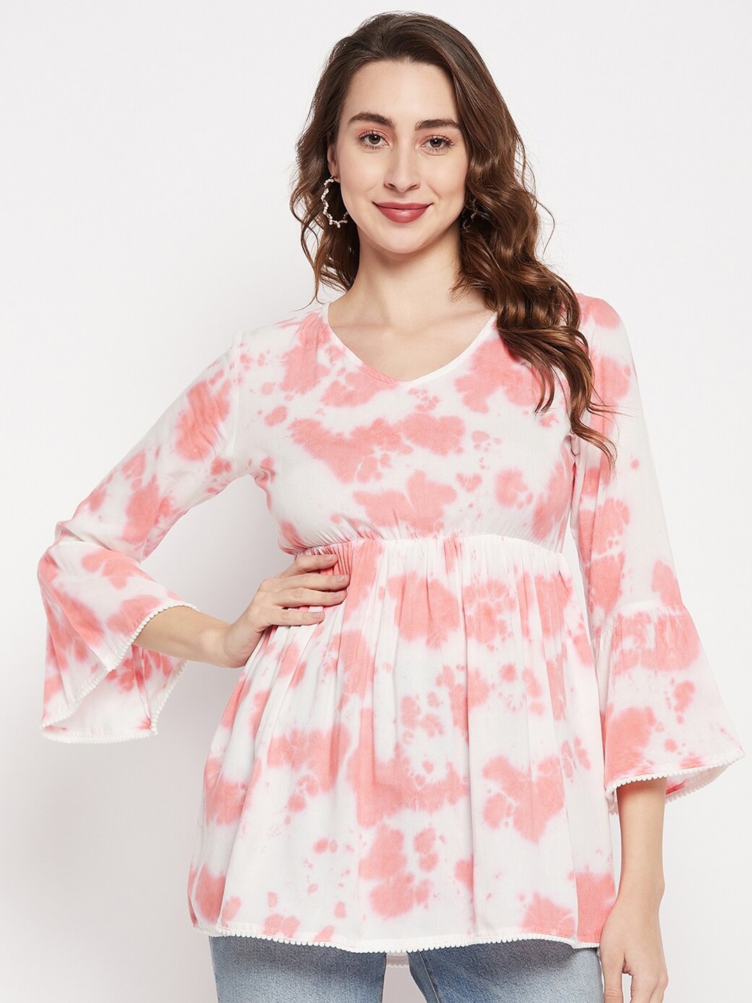 

Ruhaans Bell Sleeves Gathered V-Neck Tie & Dye A-line Top, Peach