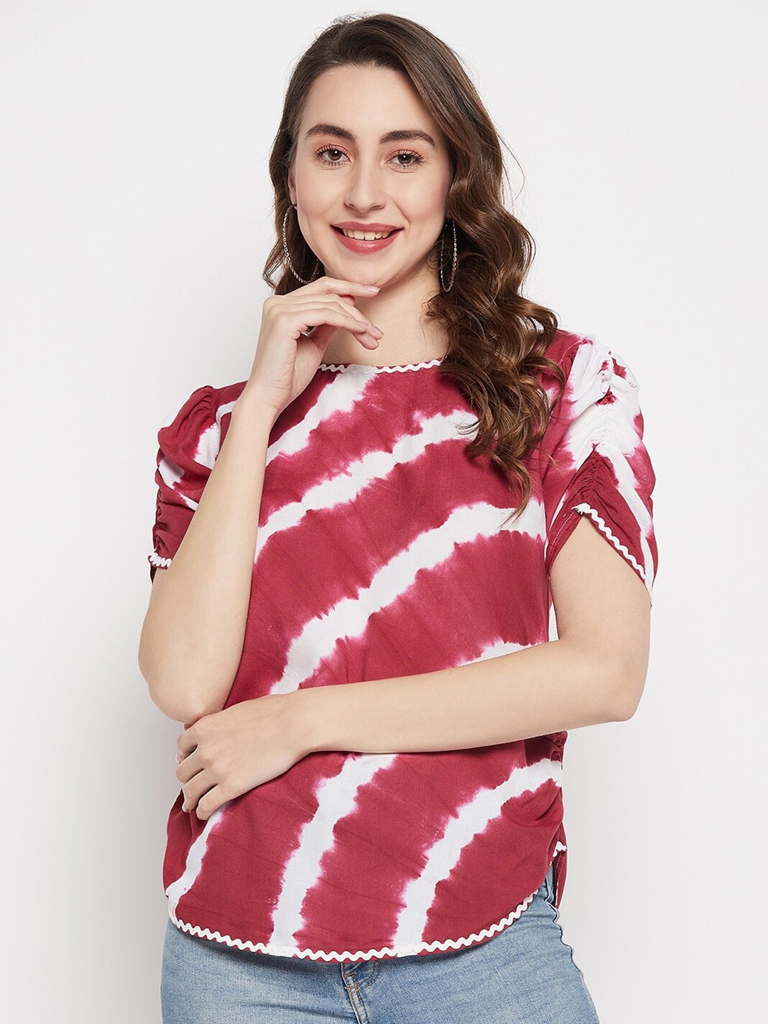 

Ruhaans Gathered Sleeves Curved Hem Tie and Dye Top, Maroon