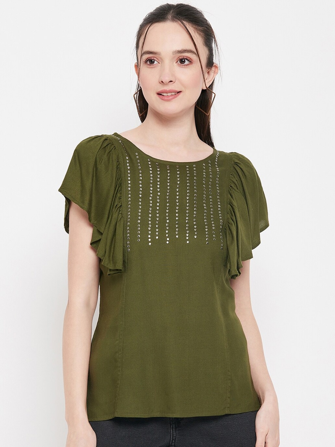 

Ruhaans Embellished Flutter Sleeves Regular Top, Green