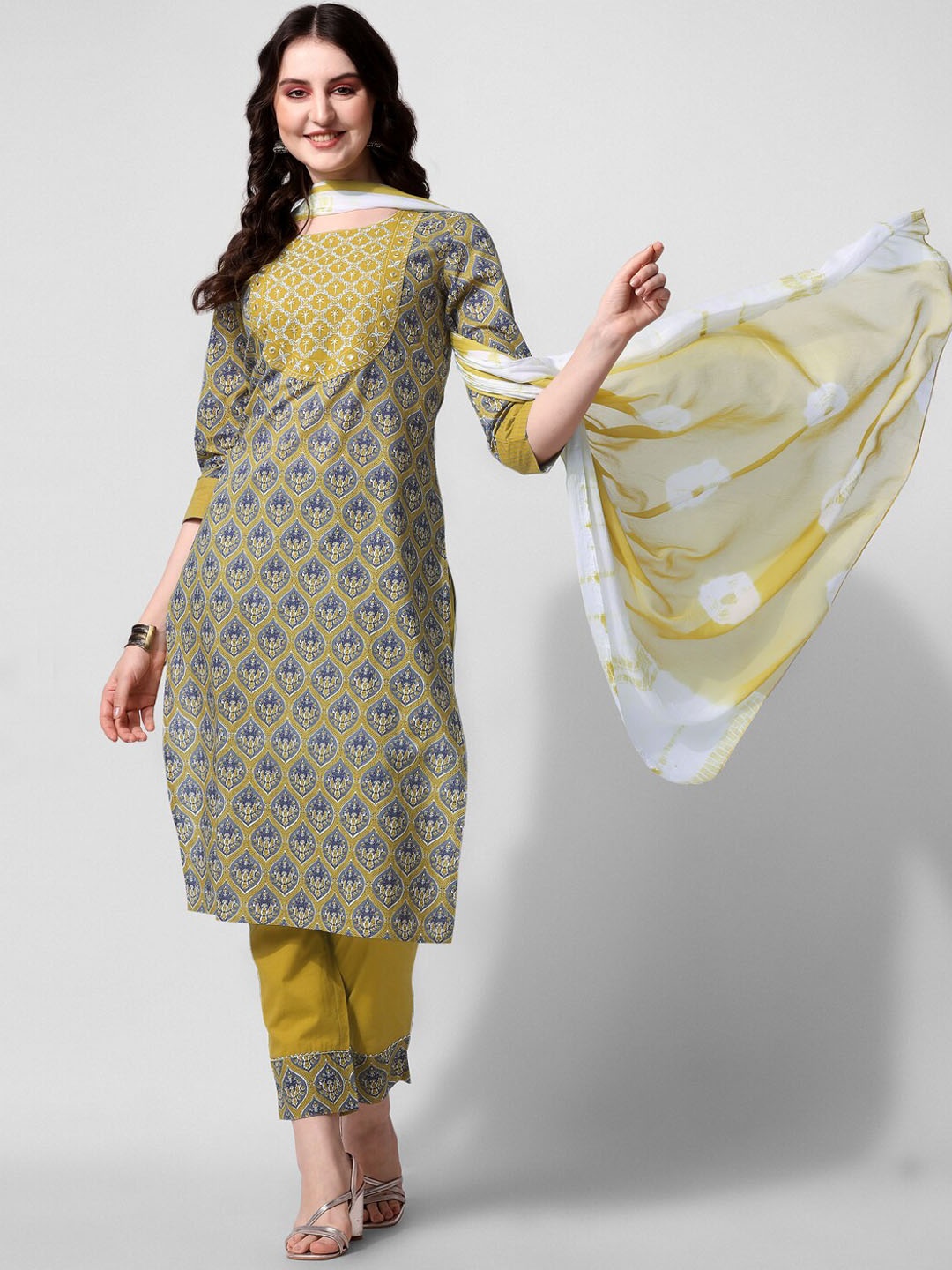 

MIRCHI FASHION Ethnic Motifs Printed Mirror Work Pure Cotton Kurta With Trousers & Dupatta, Mustard