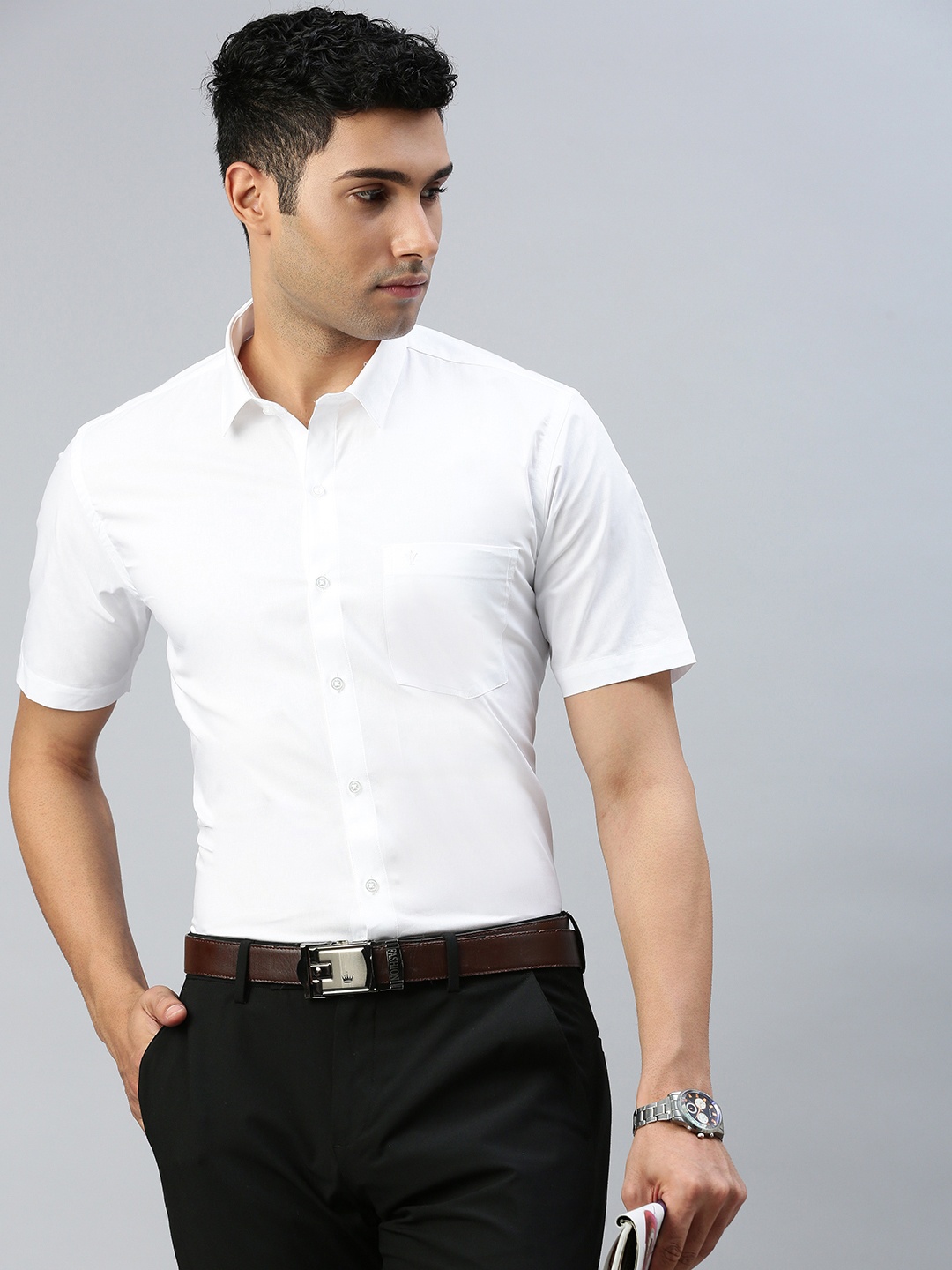Ramraj Short Sleeves Patch Pocket Casual Cotton Shirt, White