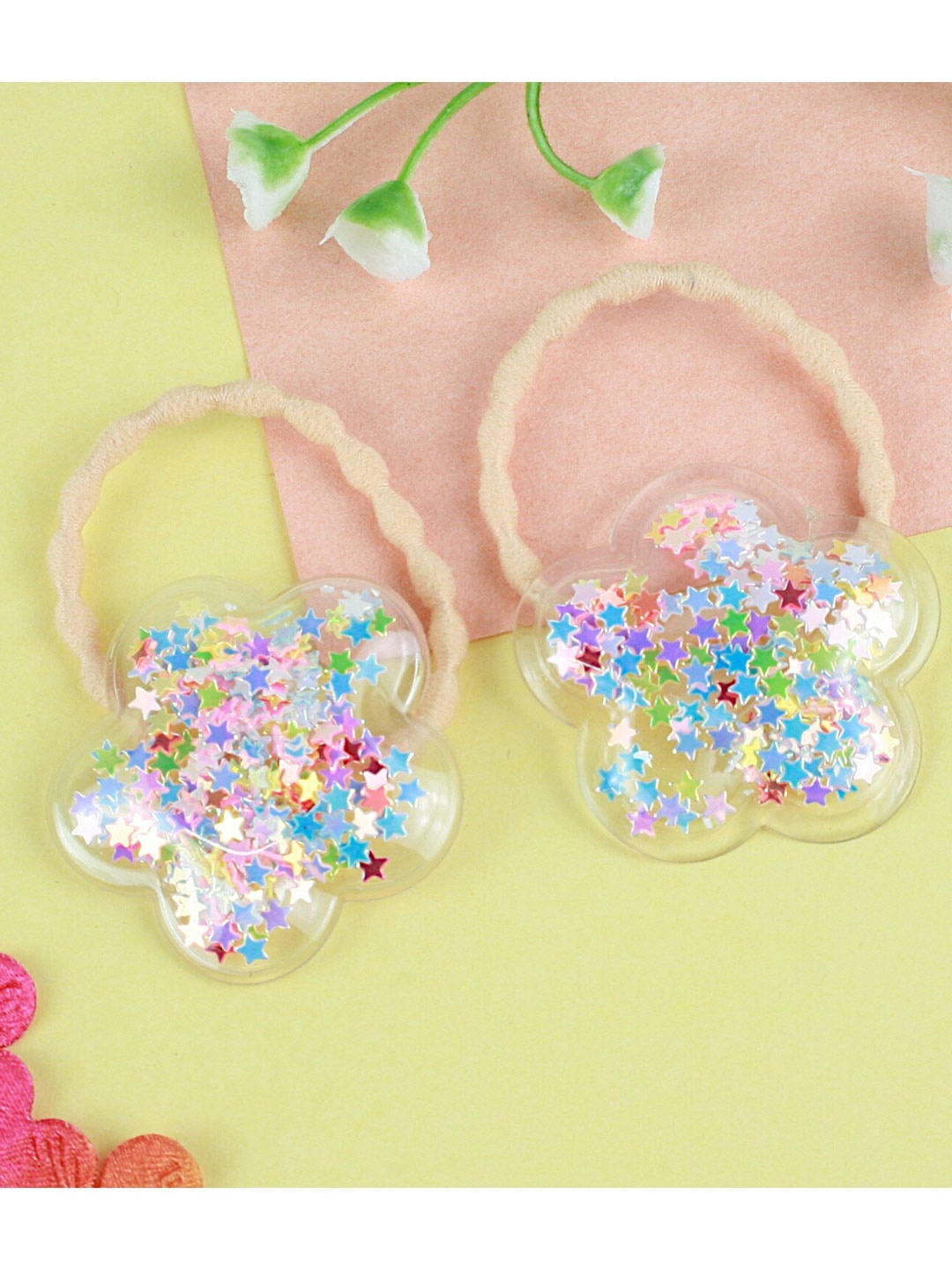 

Asthetika Kids Girls Set Of 2 Floral Glitter Sequin Confetti Ponytail Holders, Pink