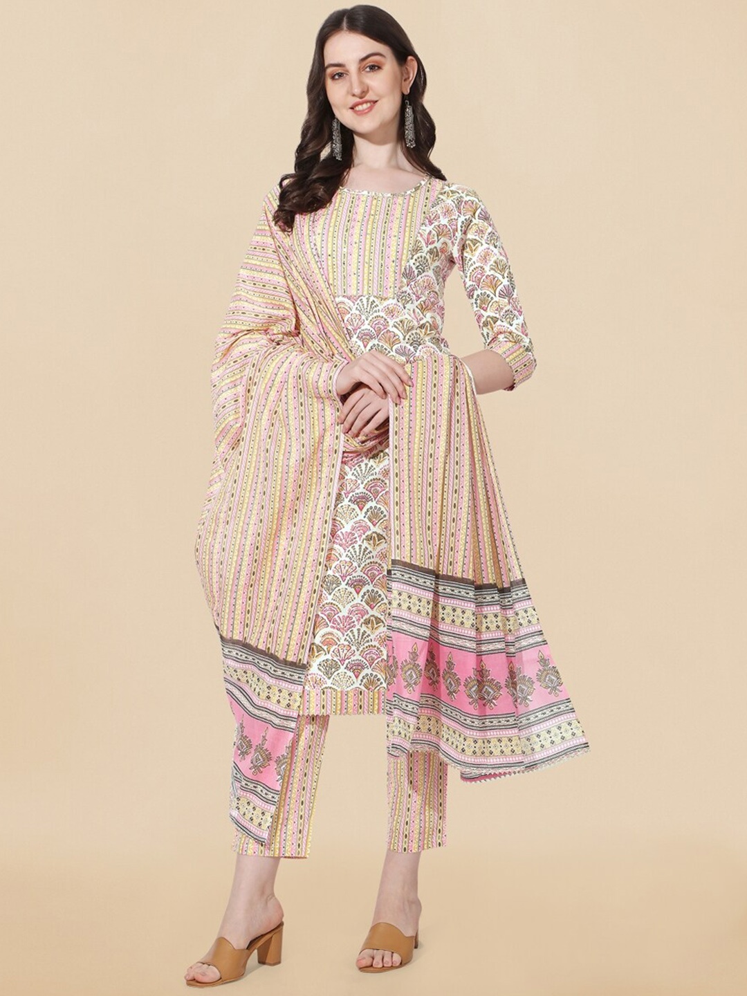 

KALINI Ethnic Motifs Printed Pure Cotton Round Neck Kurta with Trousers & Dupatta, Off white