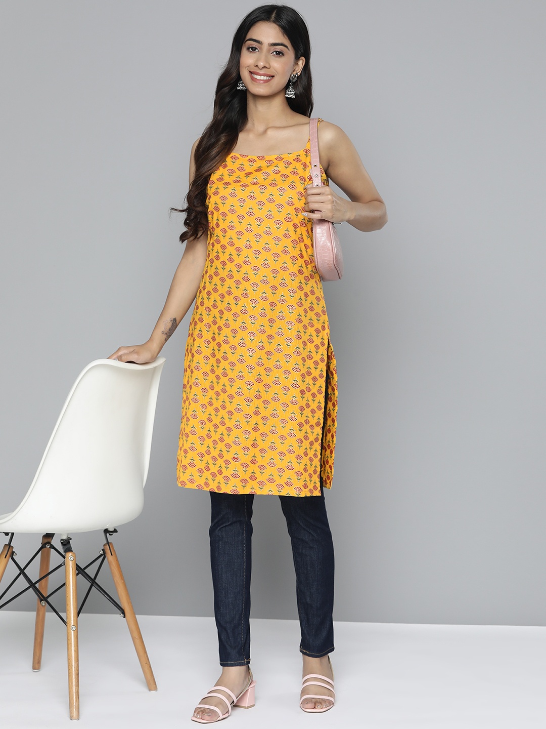 

HERE&NOW Pure Cotton Ethnic Motifs Printed Straight Kurta, Yellow