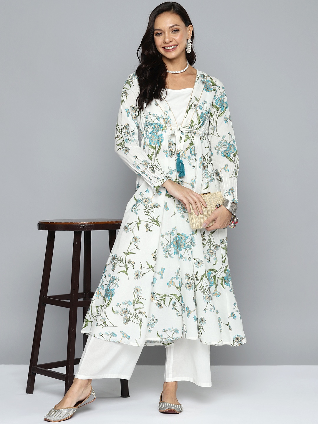 

HERE&NOW Floral Print Pure Cotton Layered Kurta with Palazzos & Top, White