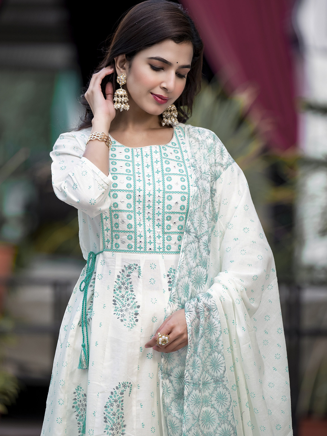 

MIRCHI FASHION Floral Printed Mirror Work Cotton Anarkali Kurta With Dupatta, White