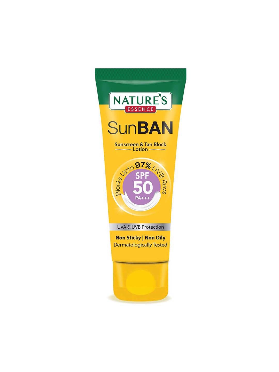 

Natures Essence SunBan SPF50 PA+++ Sunscreen & Tan Block Lotion with Aloe Vera - 60ml, Yellow