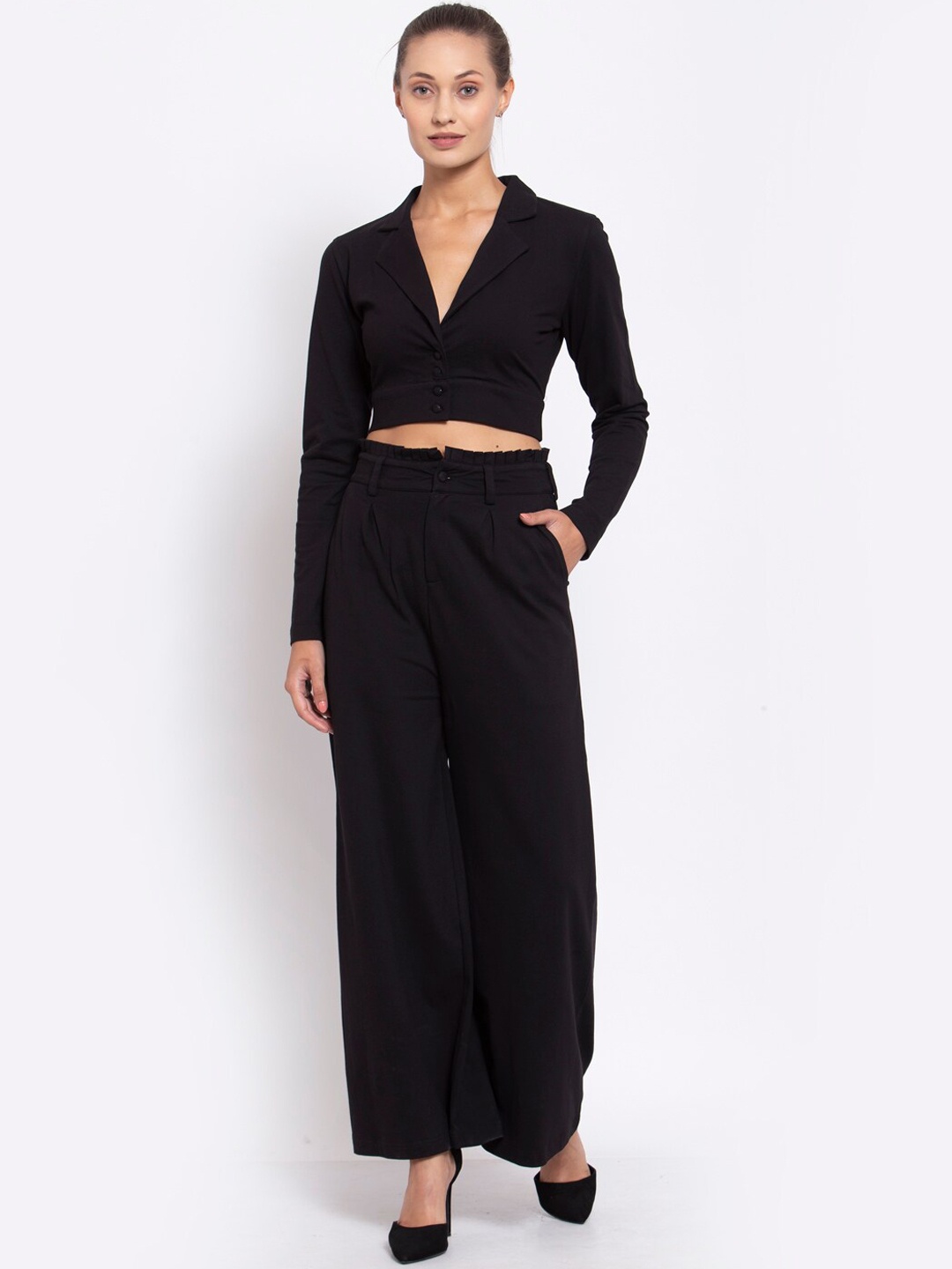 

YOONOY Notched Lapel Collar Crop Coat With Palazzo, Black