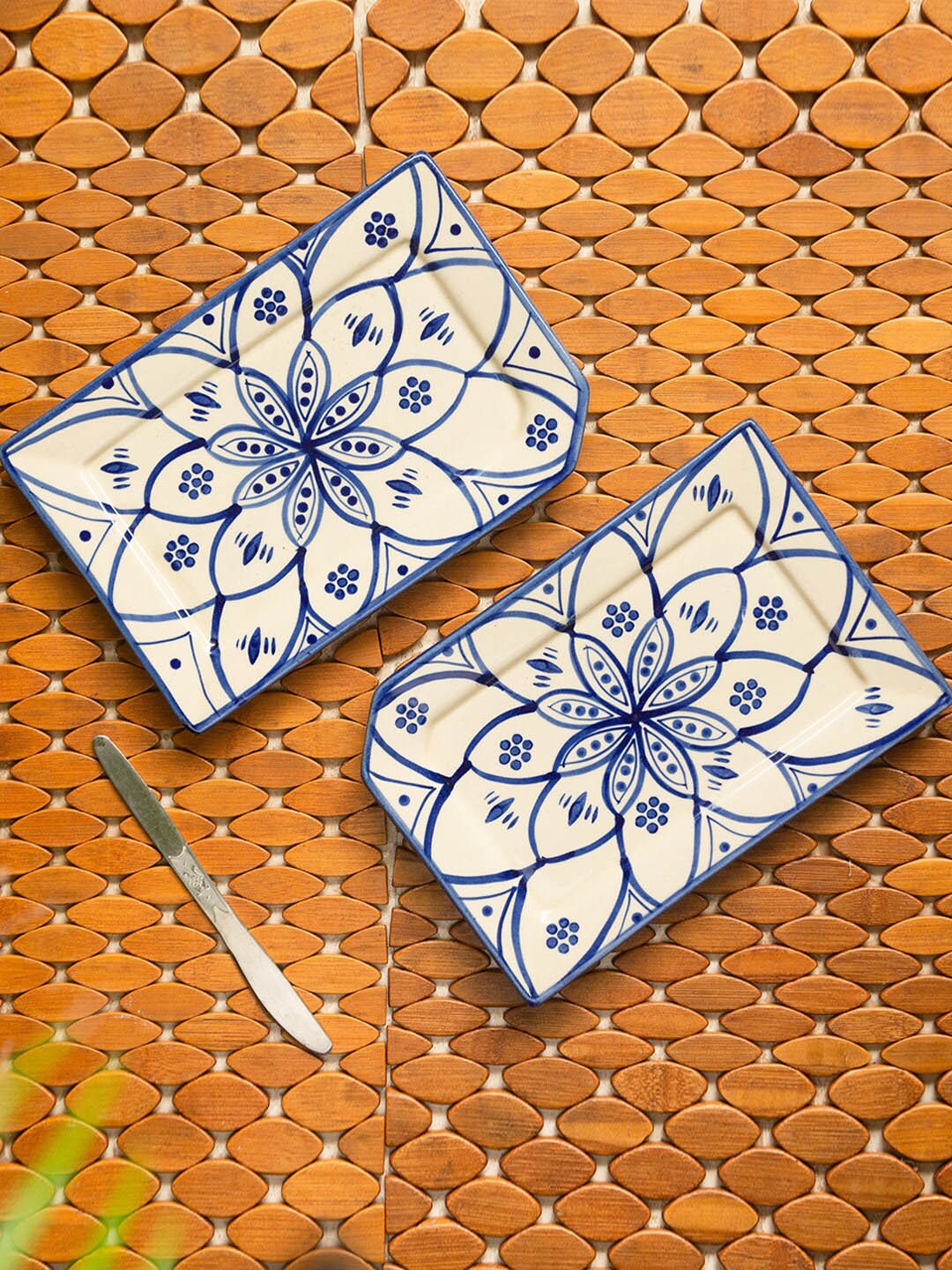

ExclusiveLane Moroccan White & Blue 2 Pieces Printed Ceramic Serving Platters