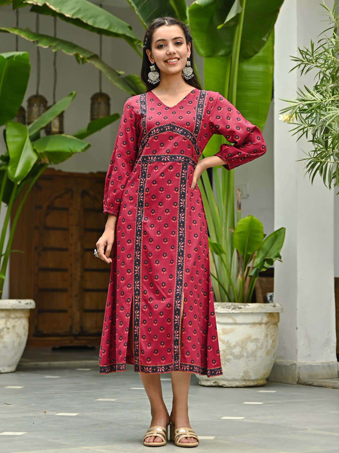 

Rustorange V-Neck Floral Front Slit A-Line Midi Dress, Maroon