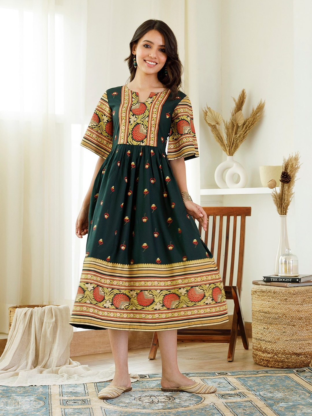 

Rustorange Ethnic Motifs Printed Midi Ethnic Dress, Green