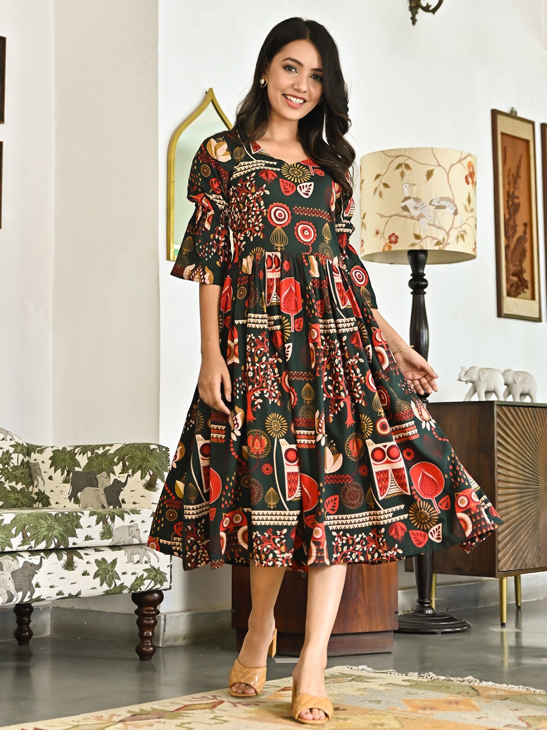 

Rustorange Green Floral A-Line Dress