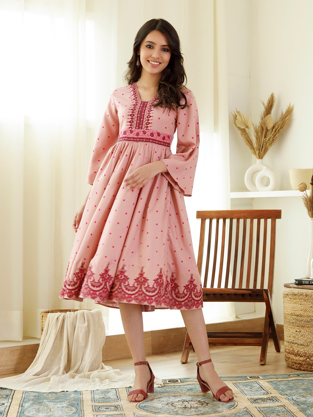 

Rustorange Polka Dots Printed Empire Dress, Pink