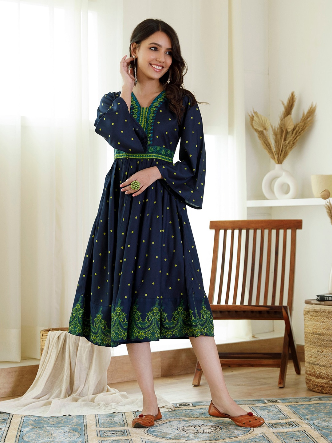 

Rustorange Polka Dot Printed A-Line Midi Dress, Navy blue