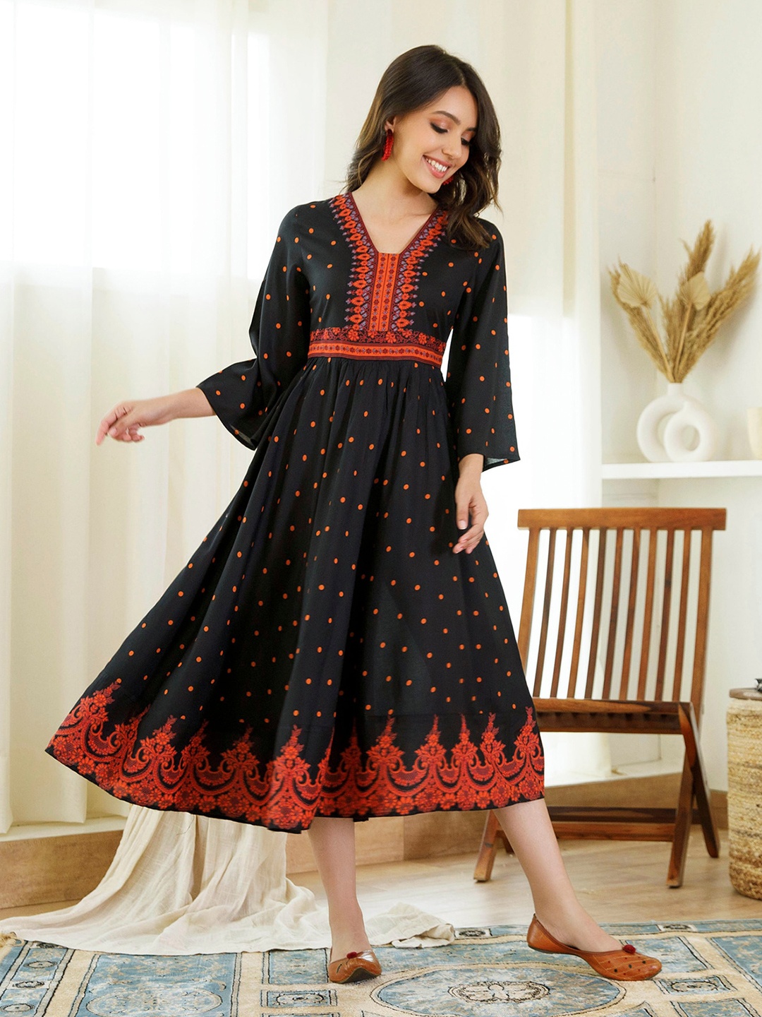 

Rustorange Ethnic Motifs Printed V-Neck Flared Sleeves Fit And Flare Midi Dress, Black