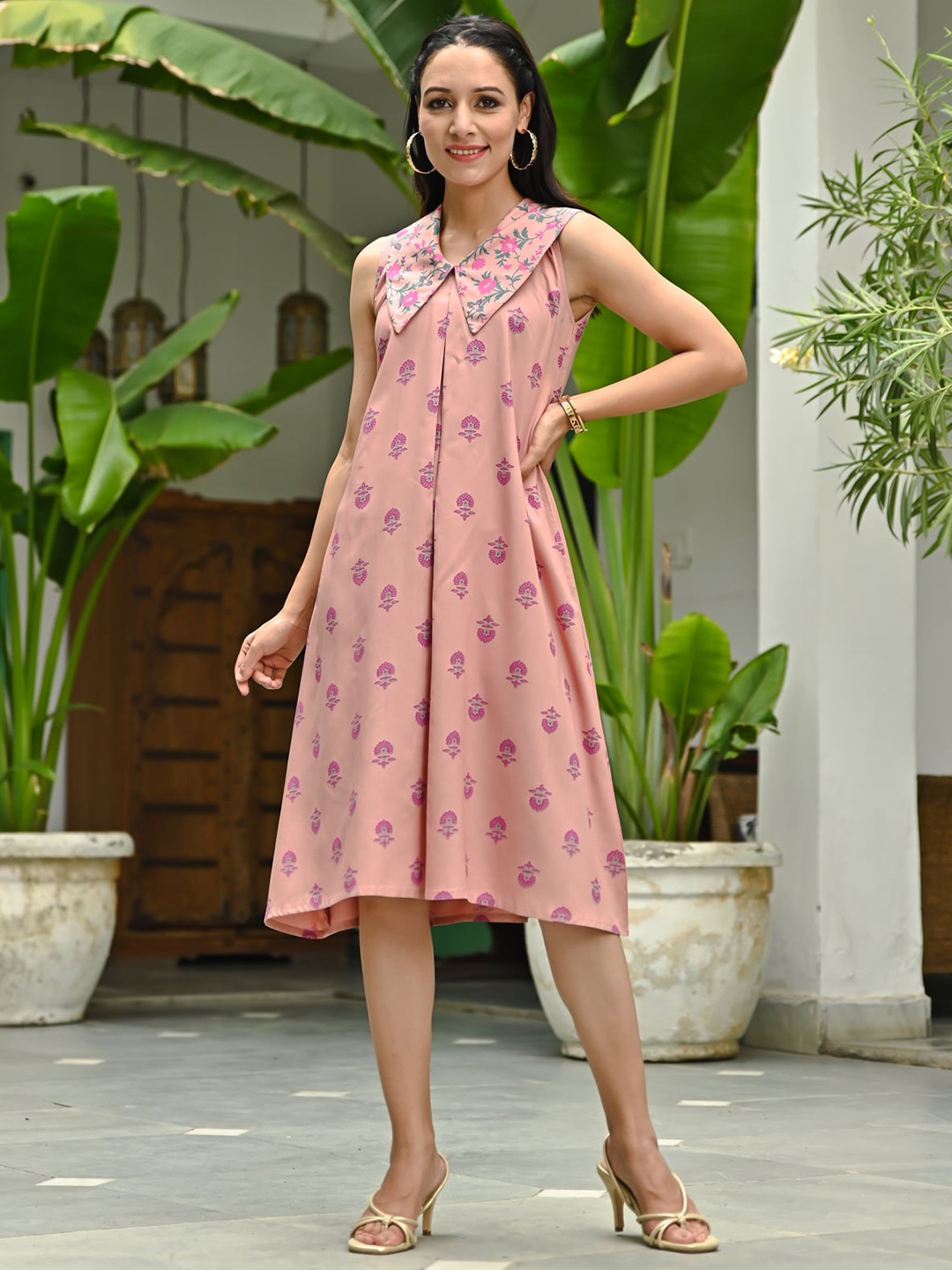 

Rustorange Floral A-Line Midi Dress, Pink