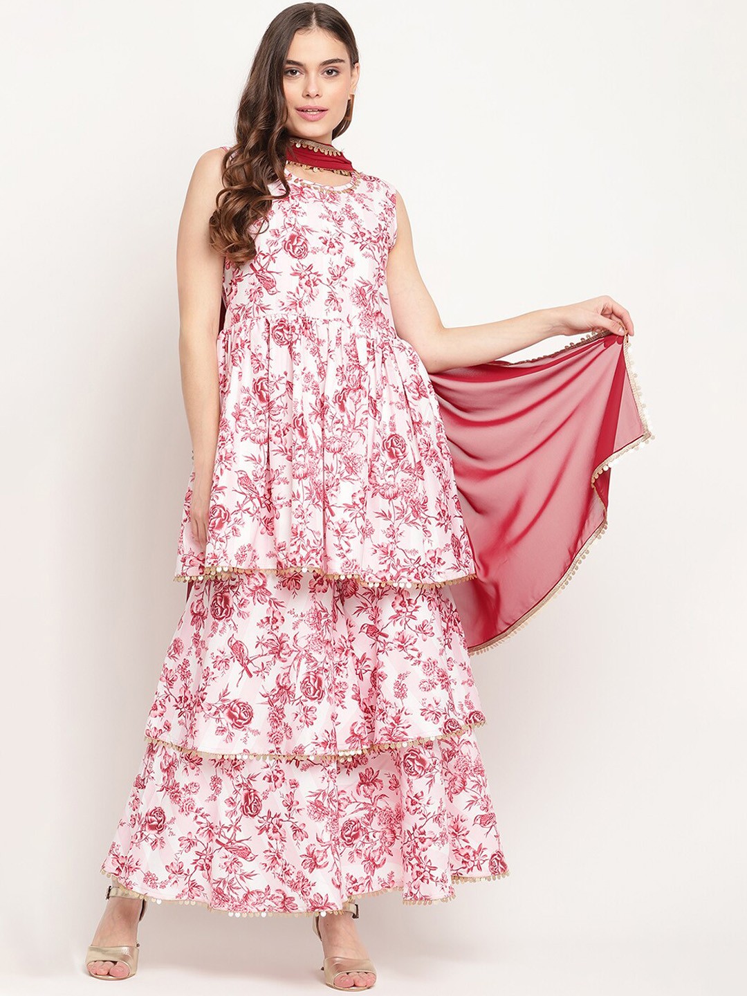 

Ahalyaa Floral Printed Sleeveless Empire A-Line Kurta with Sharara & With Dupatta, White