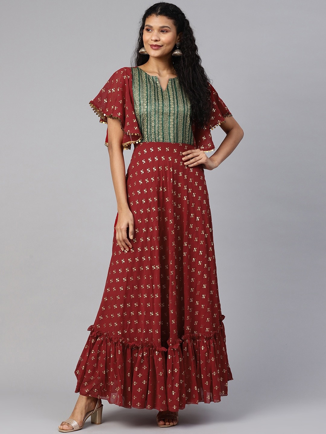 

Ahalyaa Ethnic Motifs Printed Sequinned Georgette Anarkali Kurta, Maroon