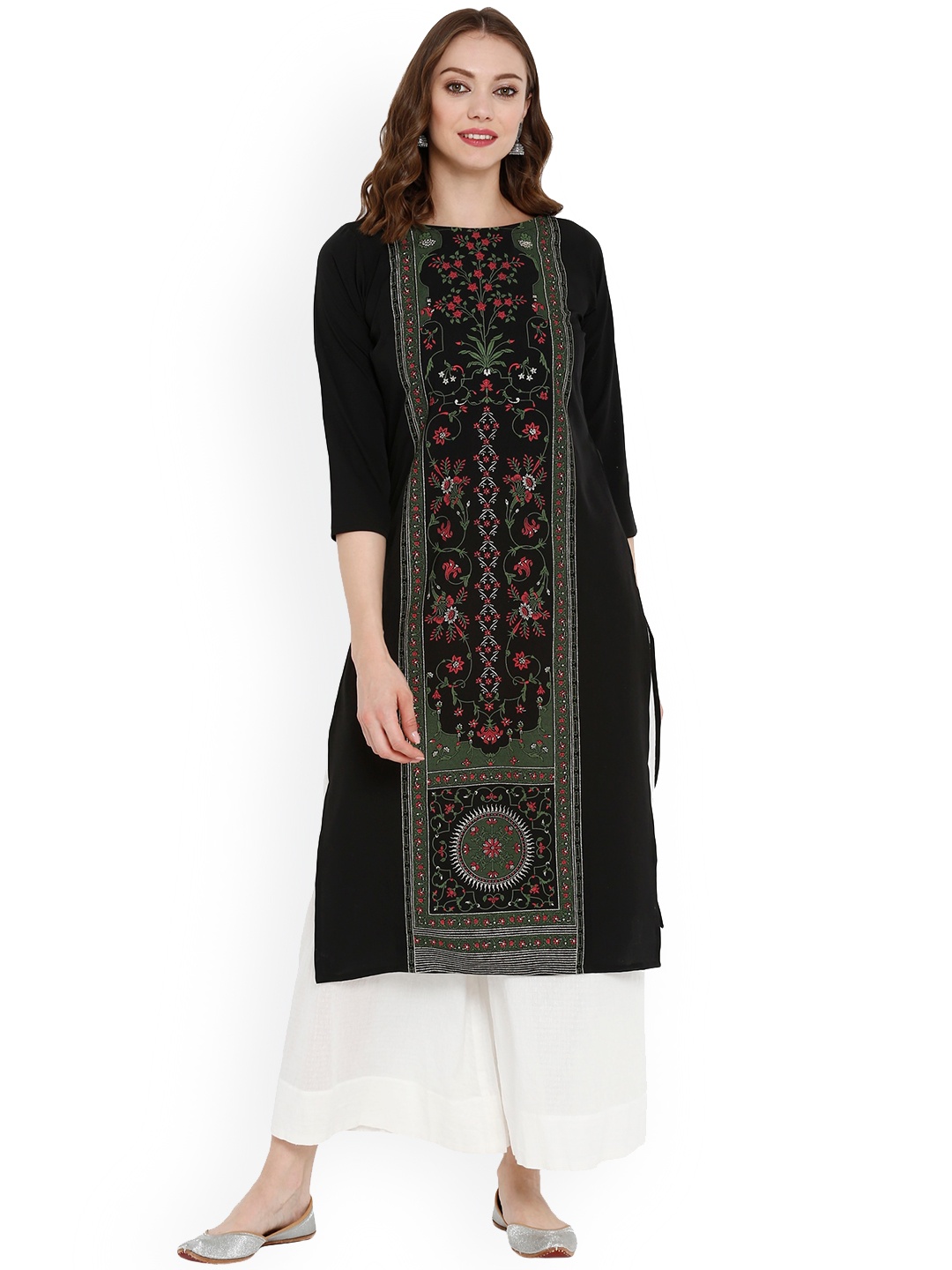 

Ahalyaa Ethnic Motifs Printed Boat Neck Panelled Straight Kurta, Black