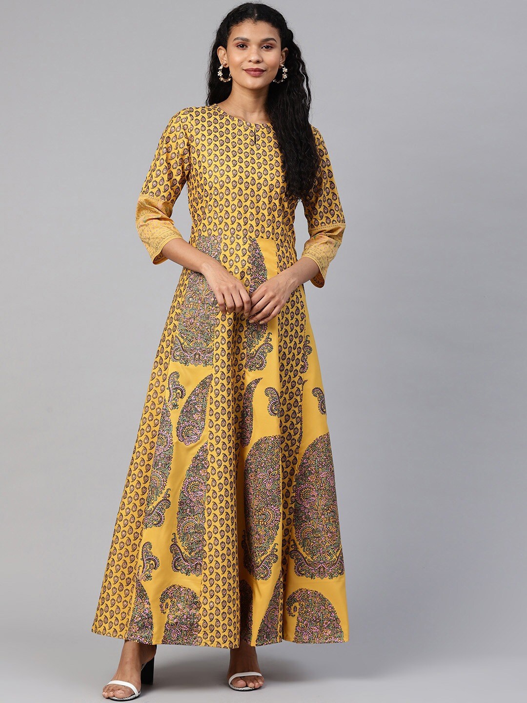 

Ahalyaa Printed Keyhole Neck Maxi Ethnic Dresses, Mustard