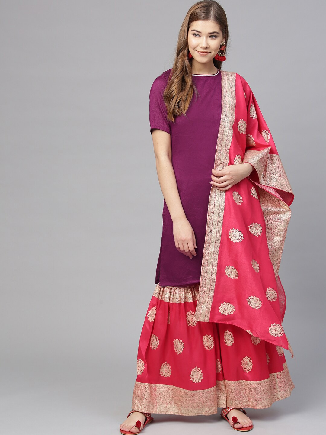 

Ahalyaa Gotta Patti Straight Kurta with Sharara & Dupatta, Purple