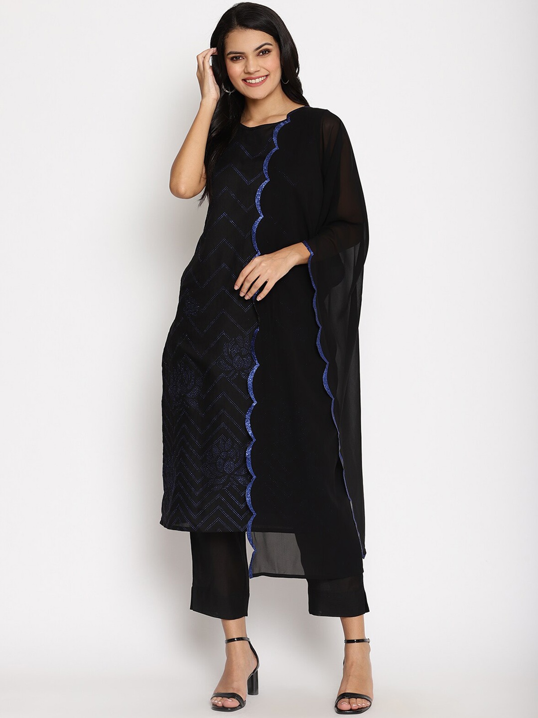 

Ahalyaa Chevron Beads and Stones Kurta with Trousers & With Dupatta, Black