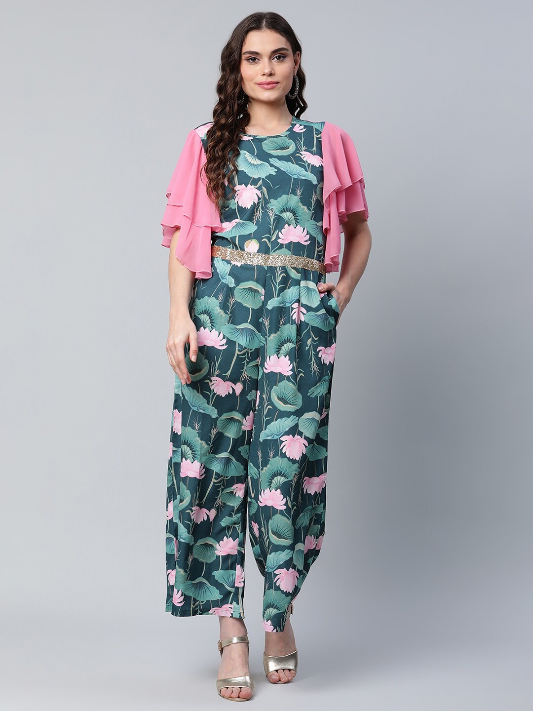 

Ahalyaa Digital Floral Printed Bell Sleeves Basic Jumpsuit, Green