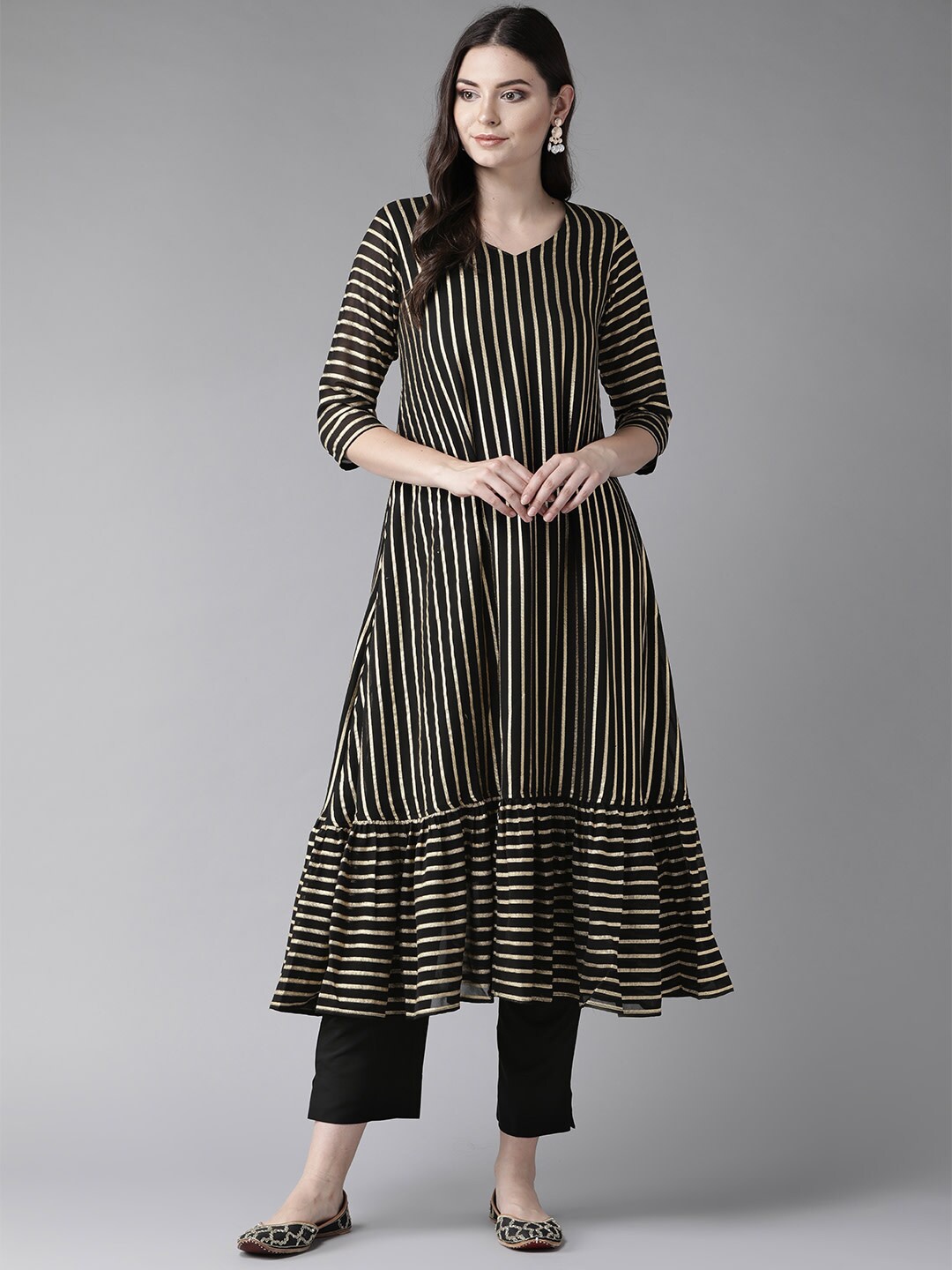 

Ahalyaa Striped Flared Kurta with Trousers, Black