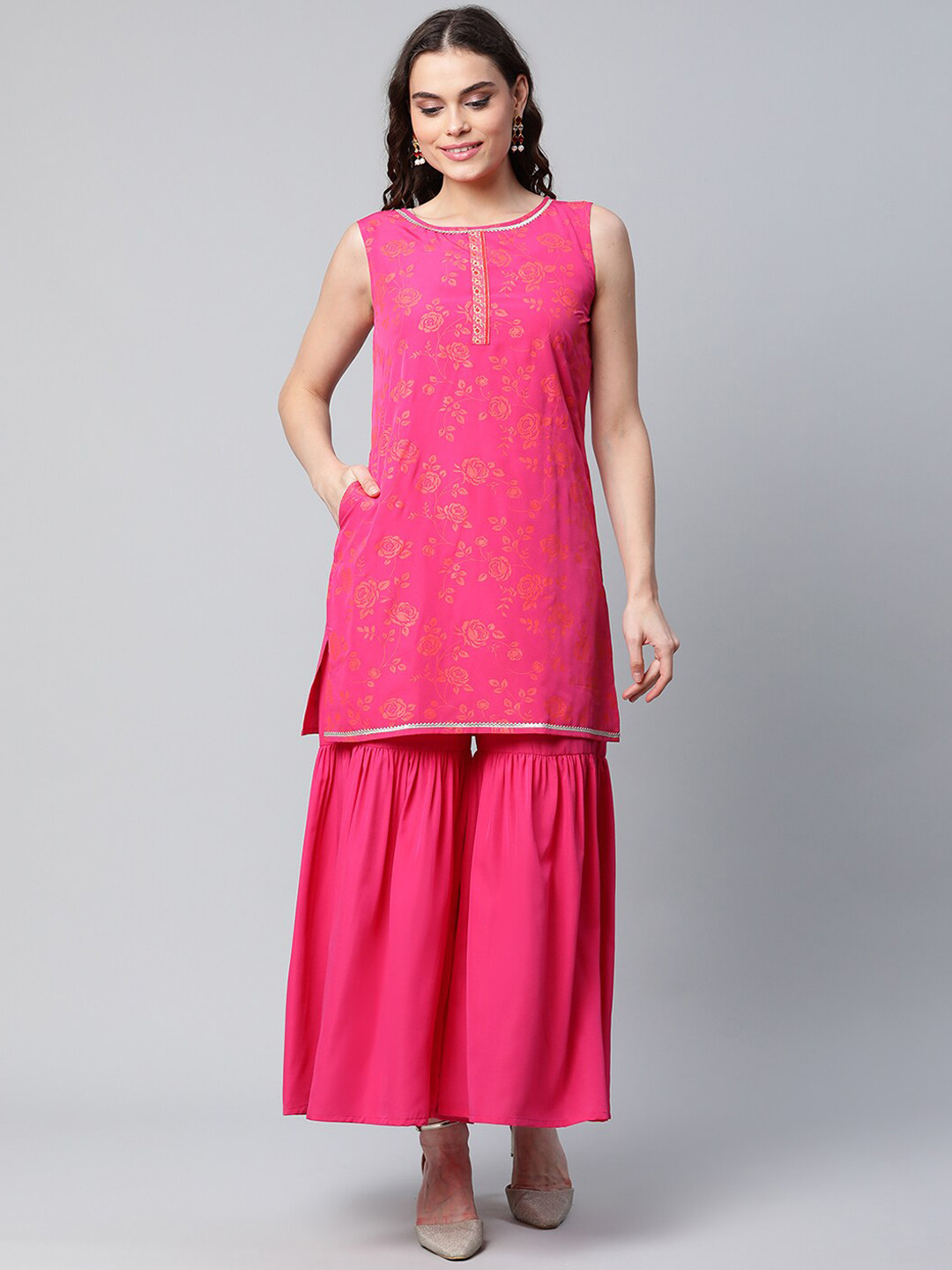 

Ahalyaa Floral Printed Gotta Patti Kurta with Sharara & Dupatta, Pink