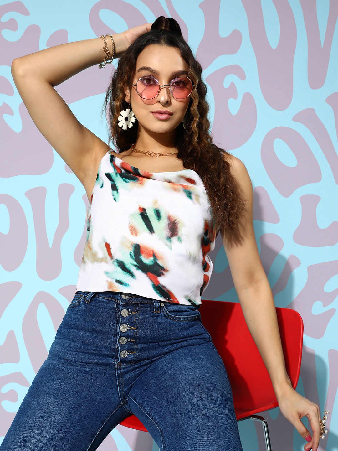 

Berrylush White & Multicoloured Printed Cowl Neck Satin Crop Top