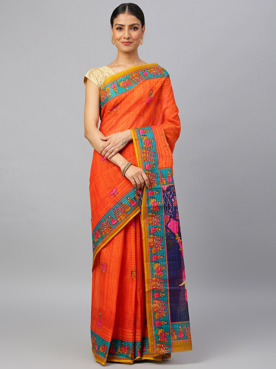

RATAN Warli Printed Pure Cotton Saree, Orange