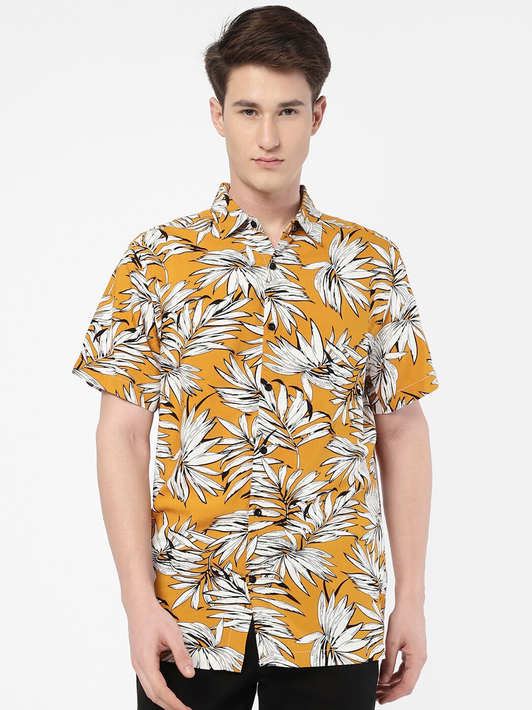 

R&B Floral Printed Spread Collar Casual Shirt, Yellow