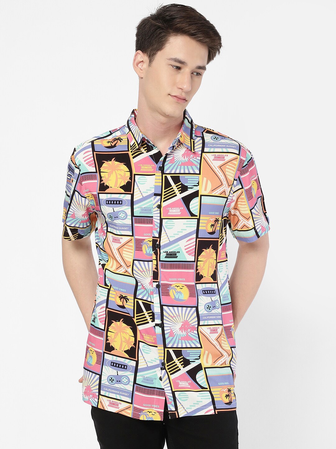 

R&B Spread Collar Graphic Printed Casual Shirt, Blue
