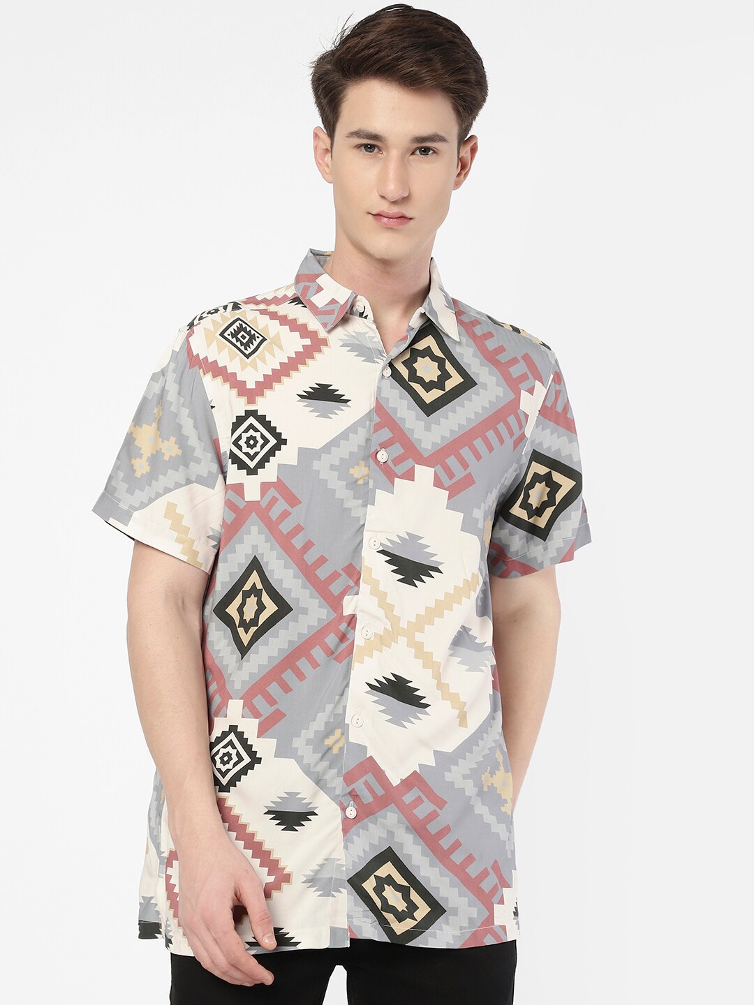 

R&B Geometric Printed Casual Shirt, Grey